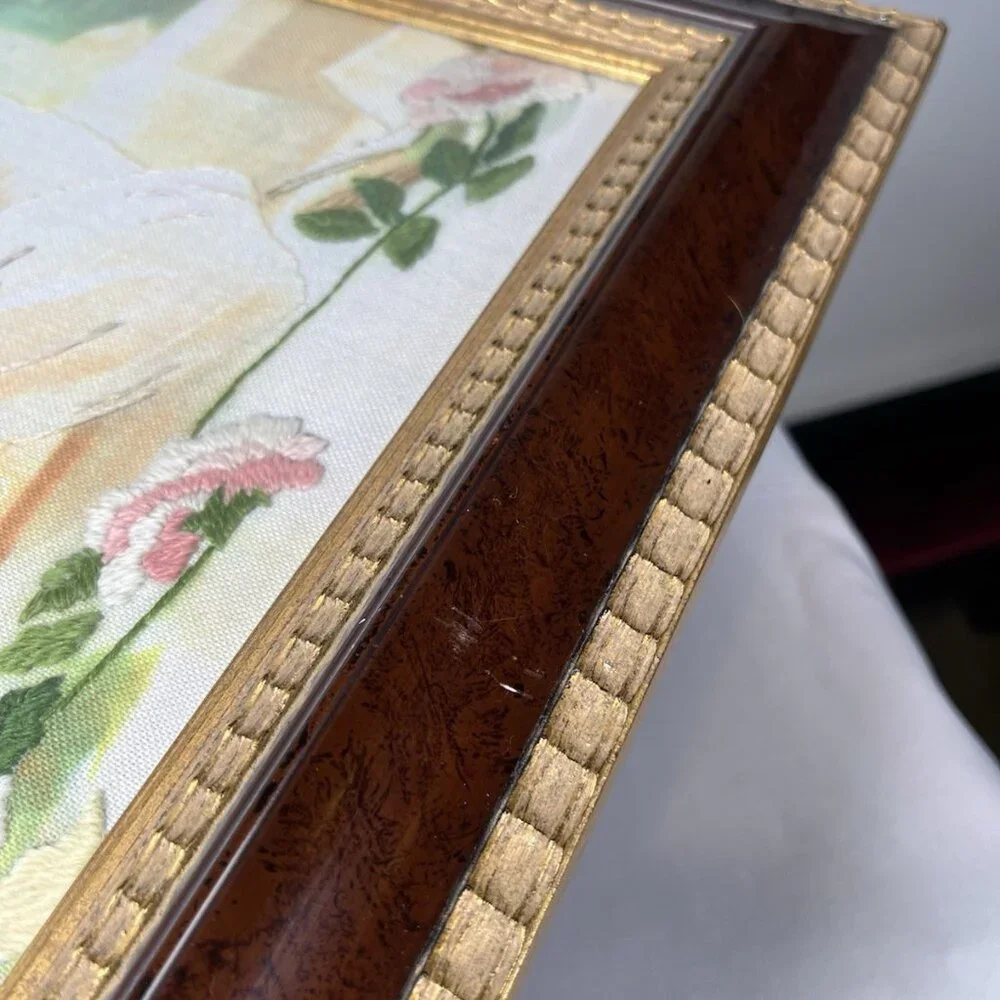 Vintage 3D Embroidered Canvas Victorian Woman W/ Pink Flowers Gold Gilt Framed